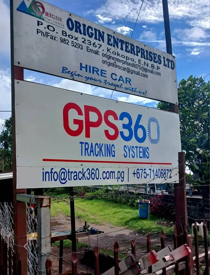 Shared Origin Enterprises and GPS360 Tracking Systems signage at Takubar, Kokopo
